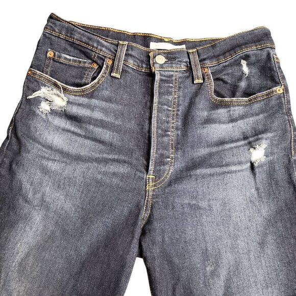 Levi's Ribcage Straight Ankle Buttonfly Ripped Torn Distressed Denim Blue Jeans - Picture 3 of 12